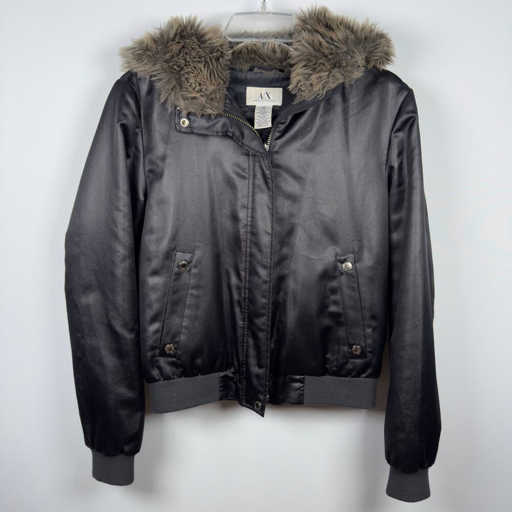 Armani Exchange Women's Jacket Black Satin Fur Hood Size M